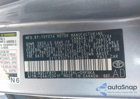 2005 Toyota Matrix Xr из США, поврежденный, VIN 2T1LR32E75C405816